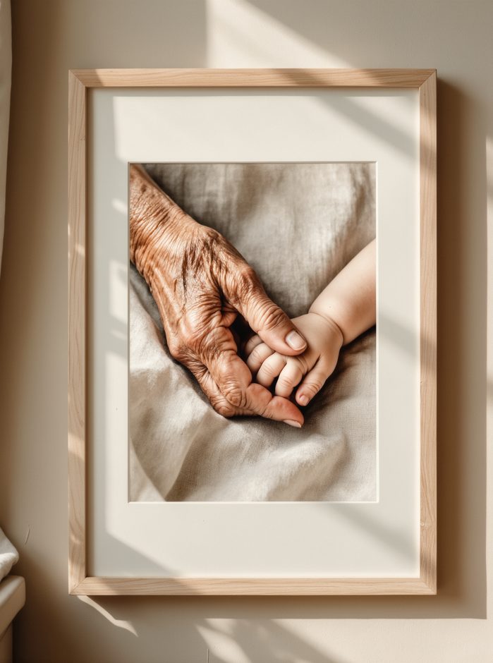 Gerahmtes Kunstwerk an der Wand: die Hand einer alten Frau hält die Hand eines Kindes
