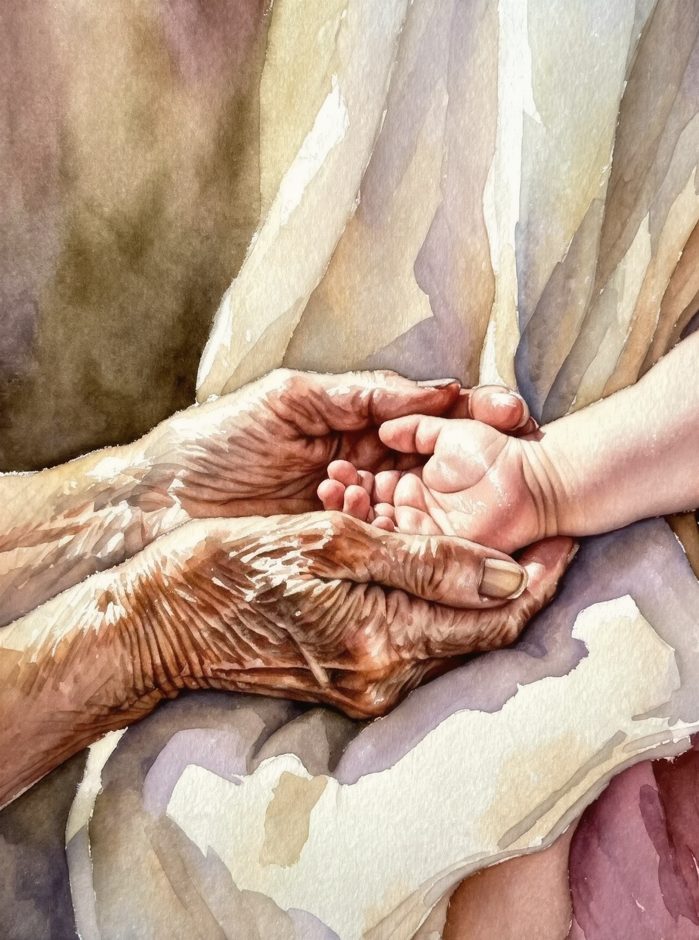 Kunstwerk in Aquarell: alte Hände halten eine Kinderhand