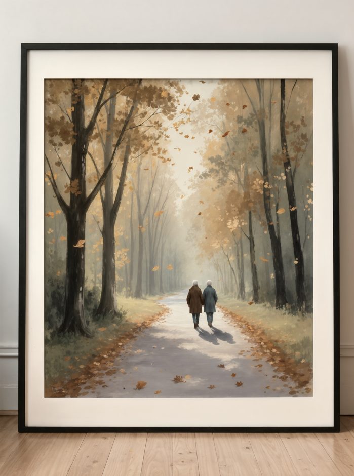 Gerahmtes Kunstwerk im schwarzen Rahmen: ein älteres Paar geht Hand in Hand durch einen Herbstwald