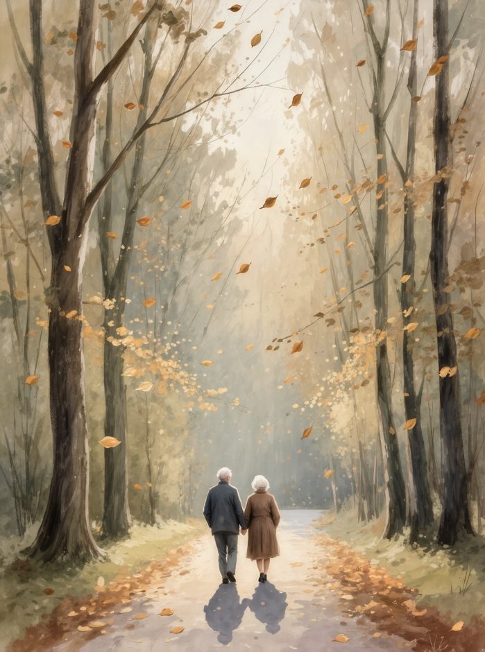 Kunstwerk in Aquarell: ein älteres Paar auf einem Waldweg im Herbst